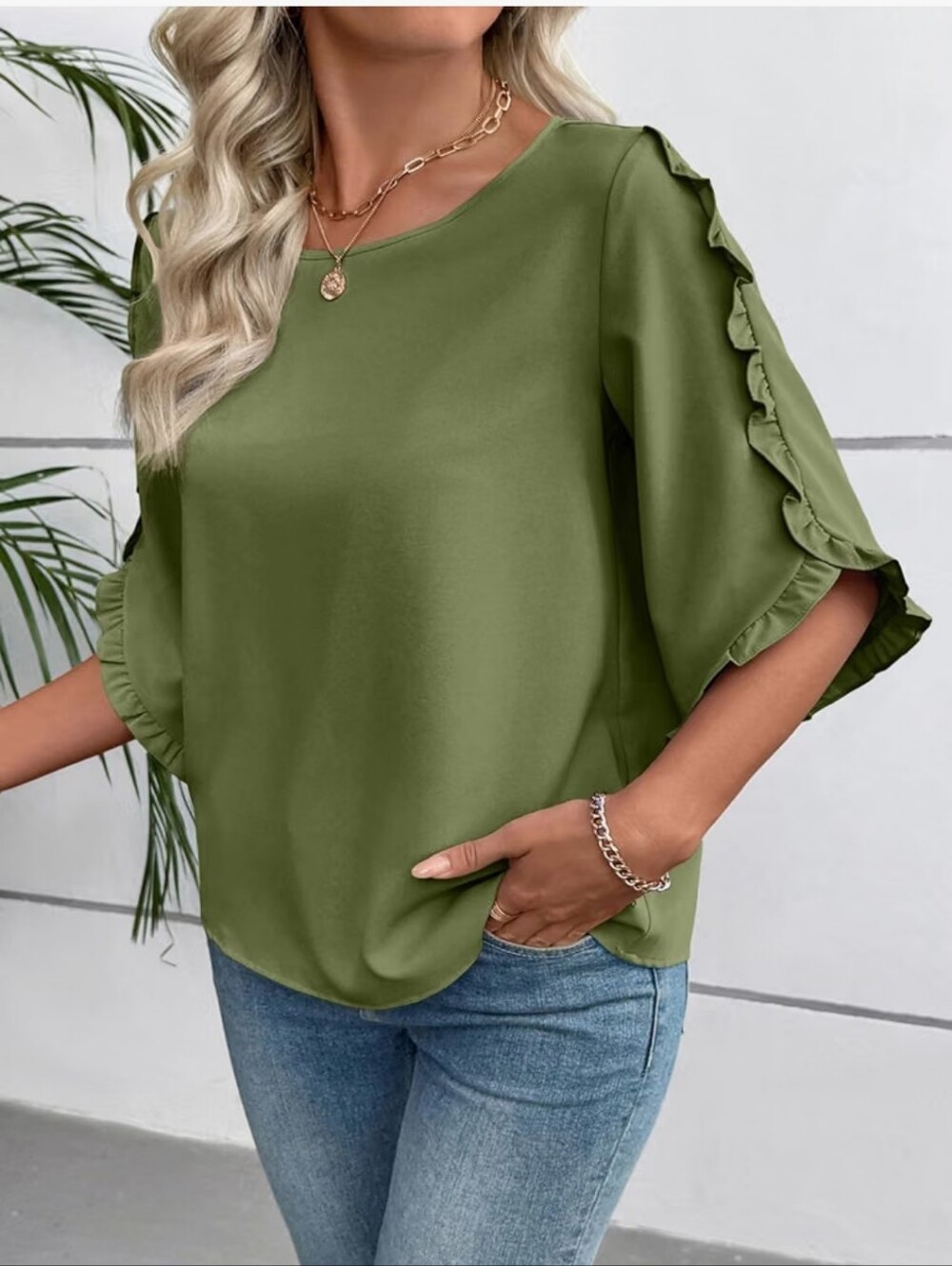 EVALESS 3/4 Ruffle Sleeve Blouse in olive green. Size 2XL. New